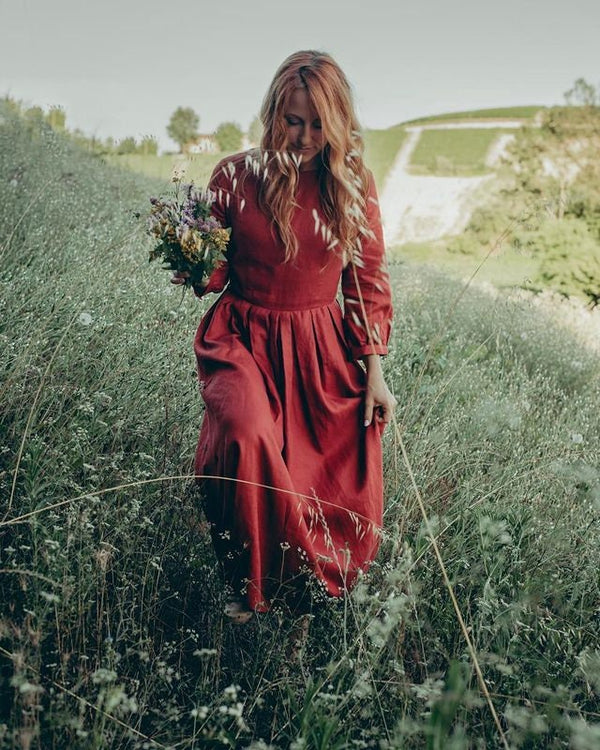 Uma Red Linen Pleated Midi Dress