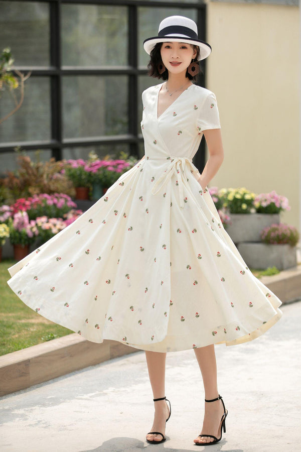 Joy Floral Linen Wrap Midi Dress