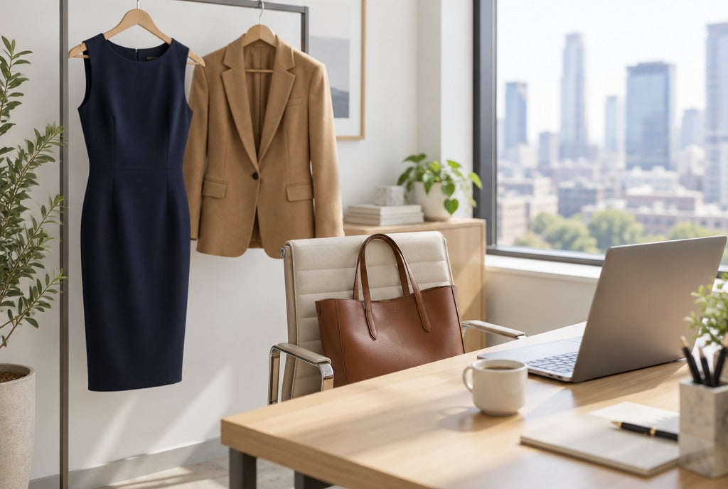 A navy sheath dress on a hanger next to a camel blazer and a leather tote on a chair in a bright modern office, laptop and coffee cup on the desk