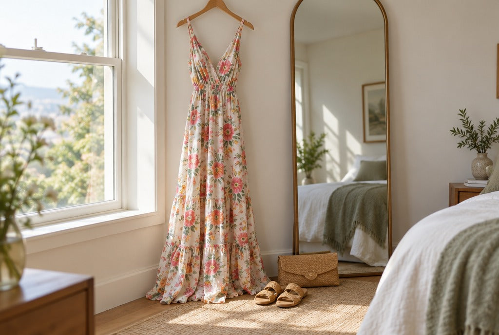 A flowing floral maxi dress on a hanger beside a full-length mirror in a sunlit bedroom, straw sandals and a woven clutch on the floor