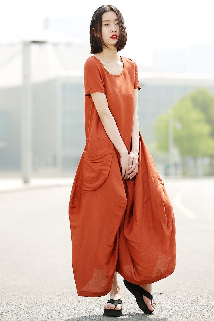 Yara Orange Linen Maxi Dress — view 3