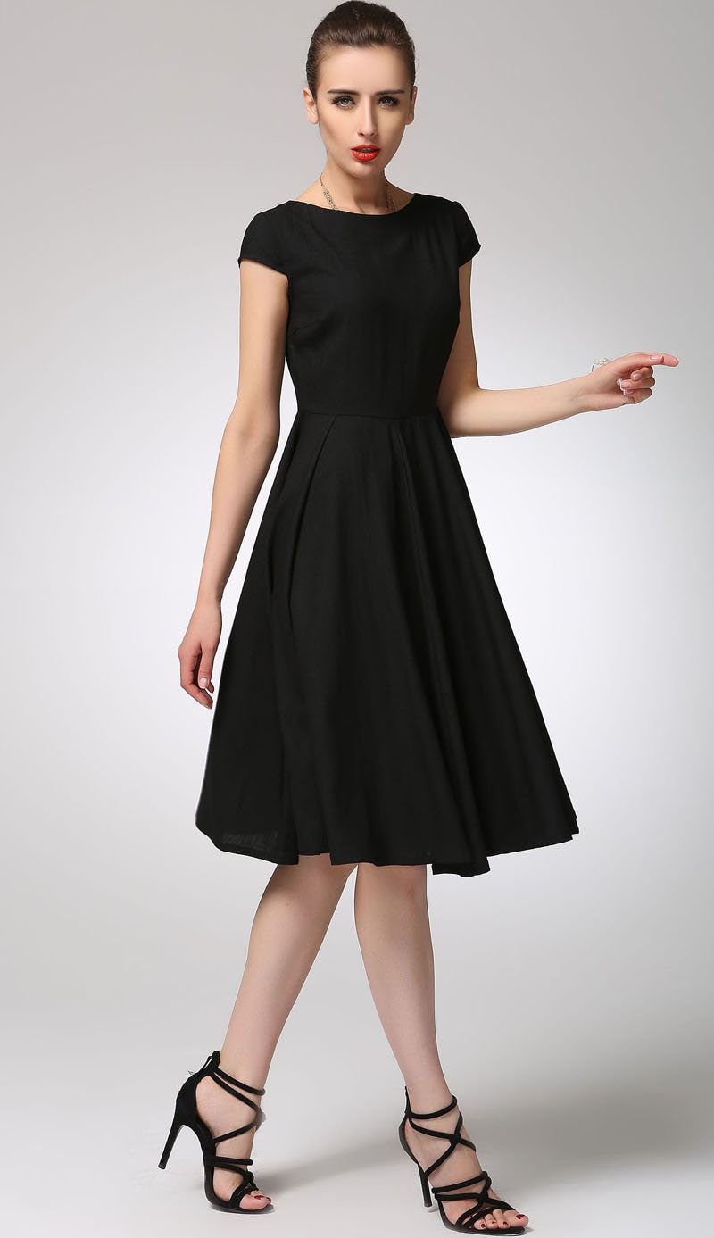 Helena Black Linen Fit-and-Flare Knee-Length Dress — view 5