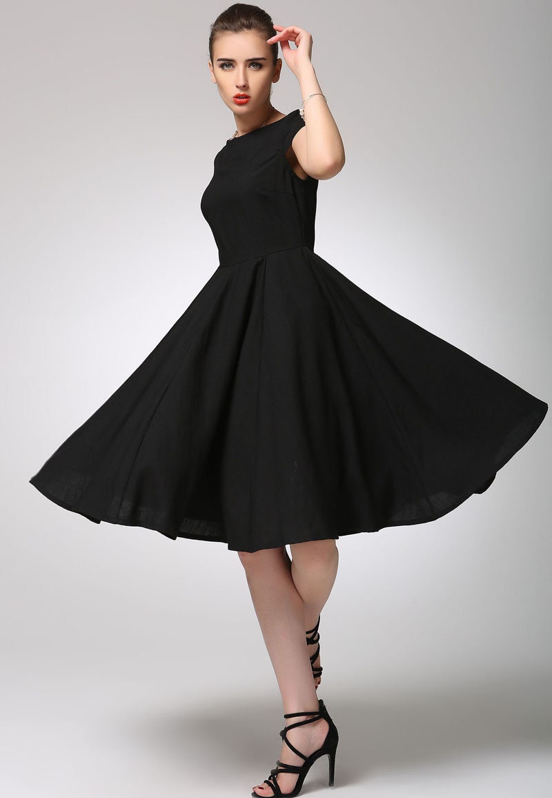 Helena Black Linen Fit-and-Flare Knee-Length Dress — view 3