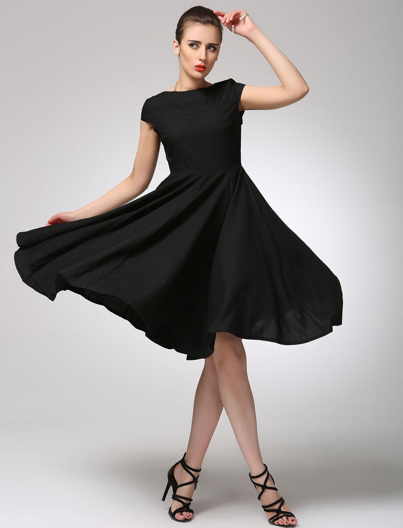 Helena Black Linen Fit-and-Flare Knee-Length Dress — Dress Code