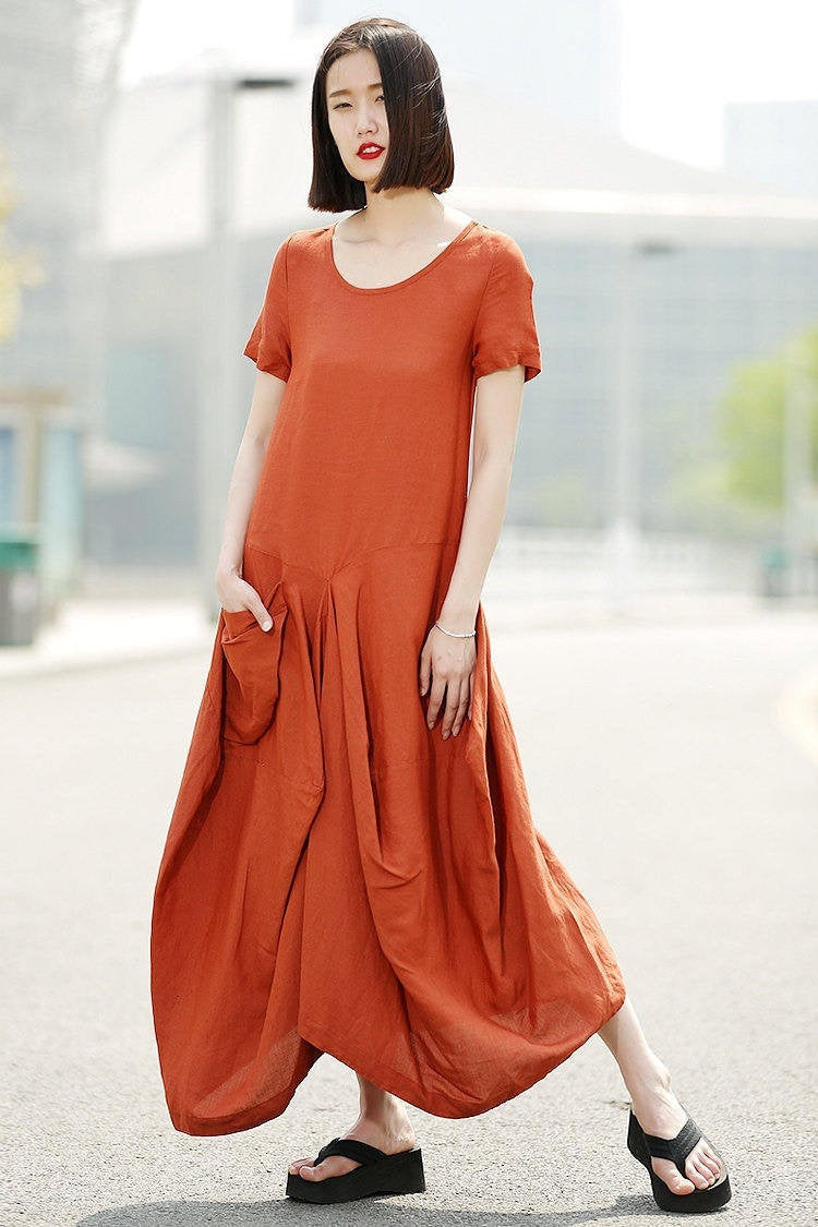Yara Orange Linen Maxi Dress — view 2