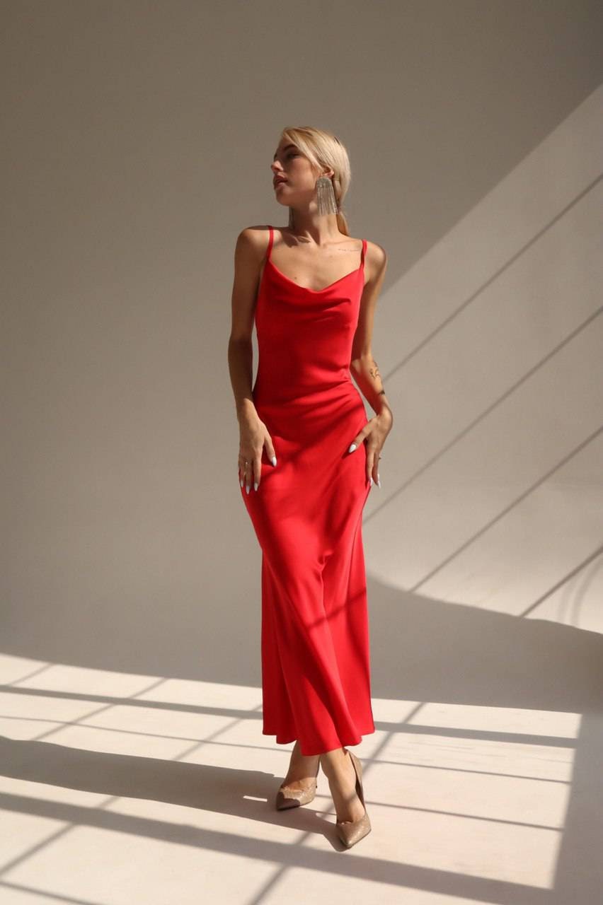 Wynn Red Satin Slip Midi Dress — view 3