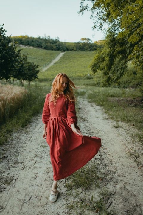 Uma Red Linen Pleated Midi Dress — view 2