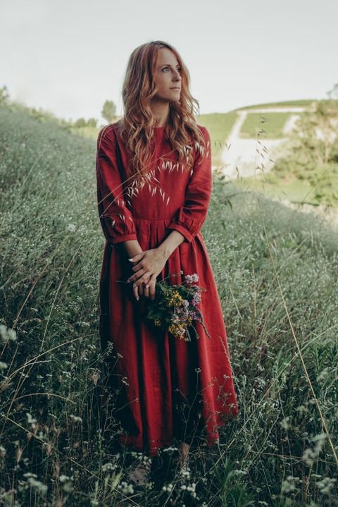 Uma Red Linen Pleated Midi Dress — view 4