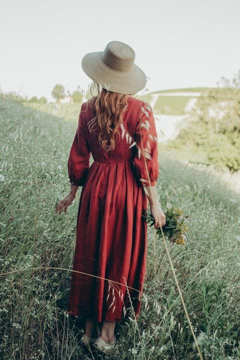 Uma Red Linen Pleated Midi Dress — view 5