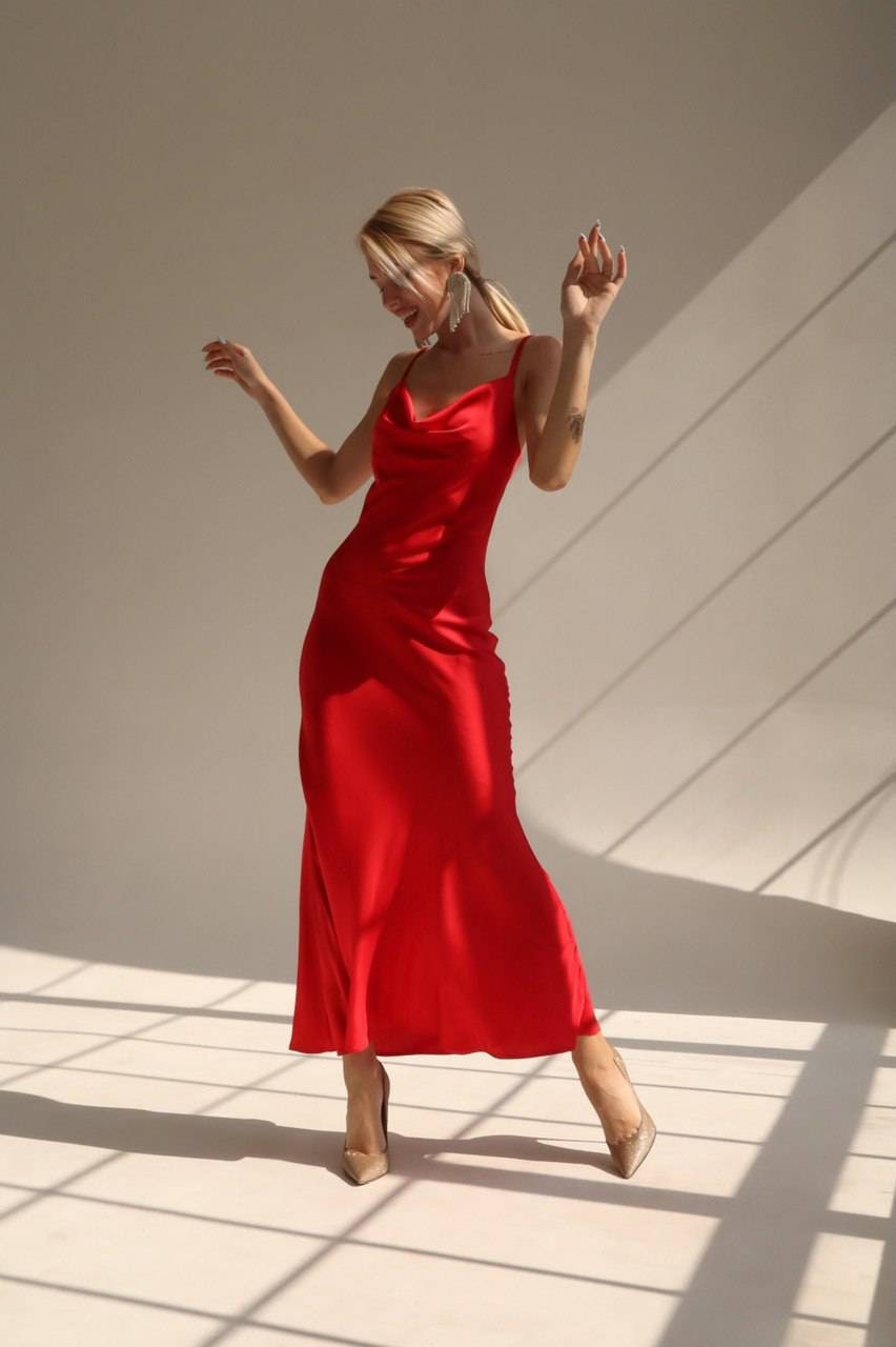 Wynn Red Satin Slip Midi Dress — view 2