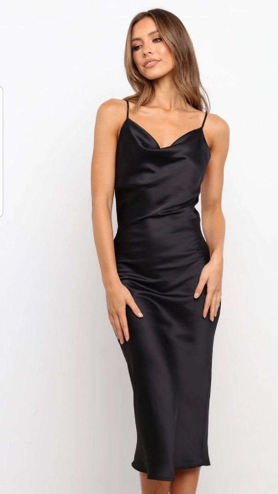 June Black Satin Open-Back Midi Dress — view 2