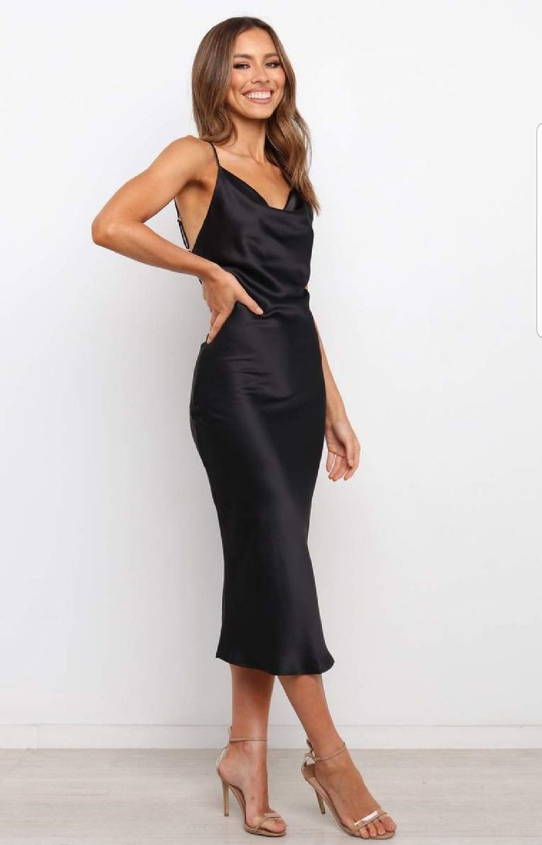 June Black Satin Open-Back Midi Dress — view 6