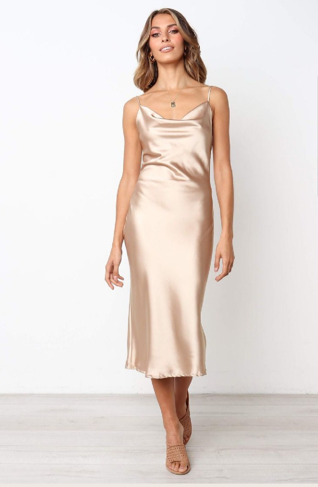 Ava Champagne Satin Open-Back Midi Dress — view 3