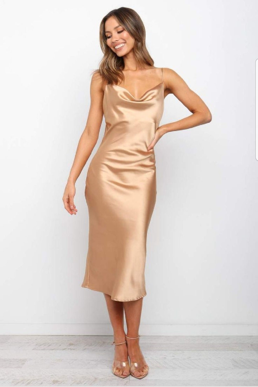 Ava Champagne Satin Open-Back Midi Dress — view 4