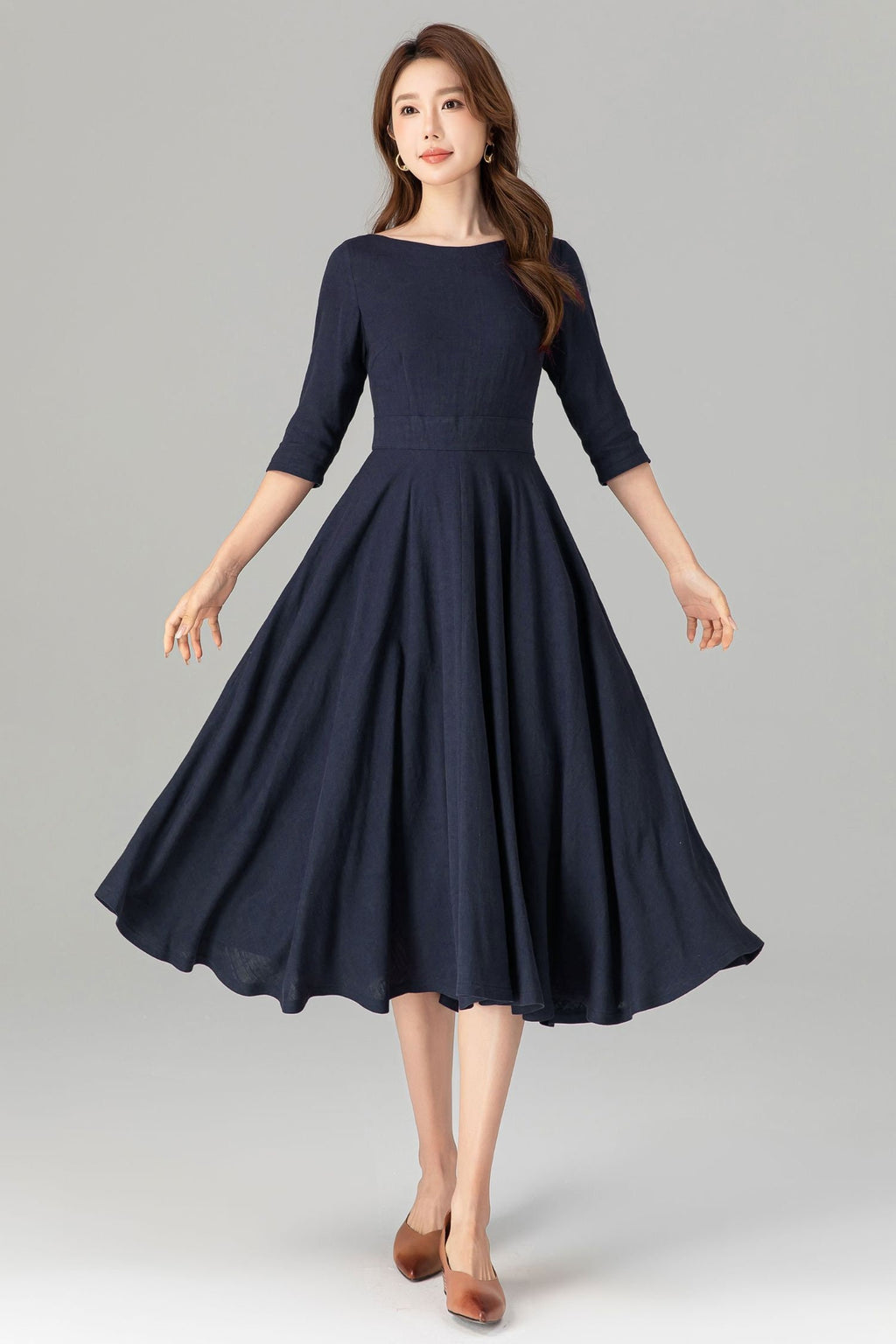Romy Navy Linen Swing Midi Dress — view 6