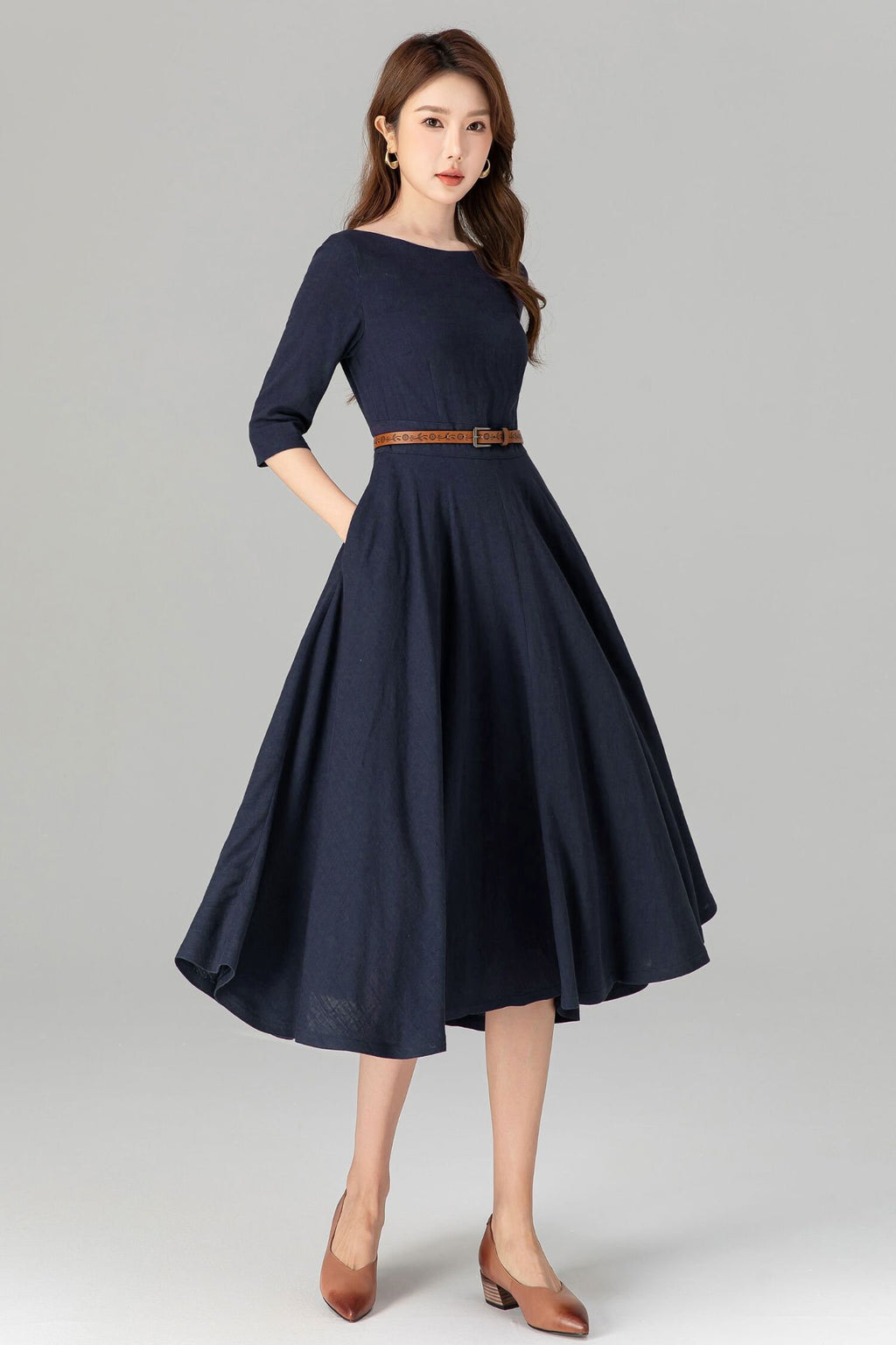 Romy Navy Linen Swing Midi Dress — view 4