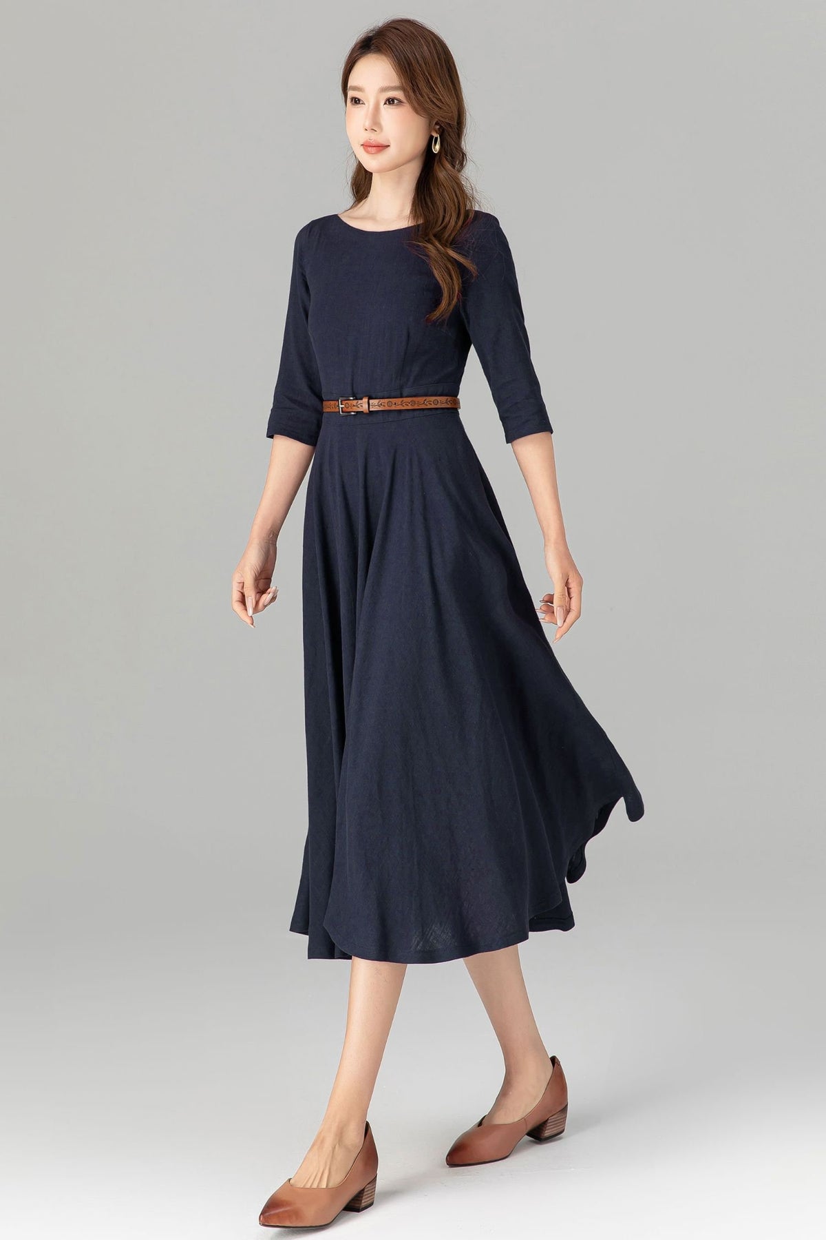 Romy Navy Linen Swing Midi Dress — view 3