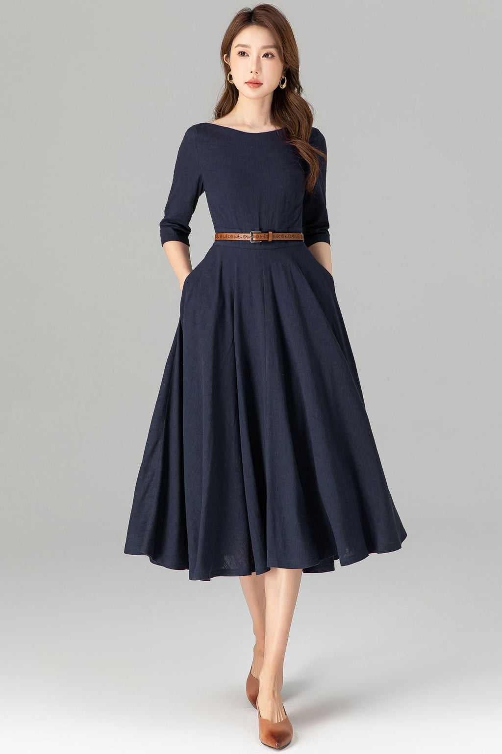 Romy Navy Linen Swing Midi Dress — view 2