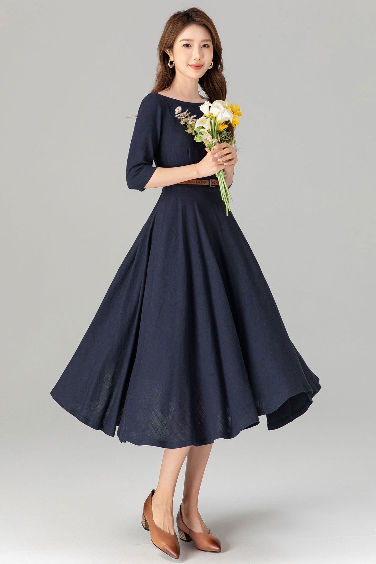 Romy Navy Linen Swing Midi Dress — Dress Code