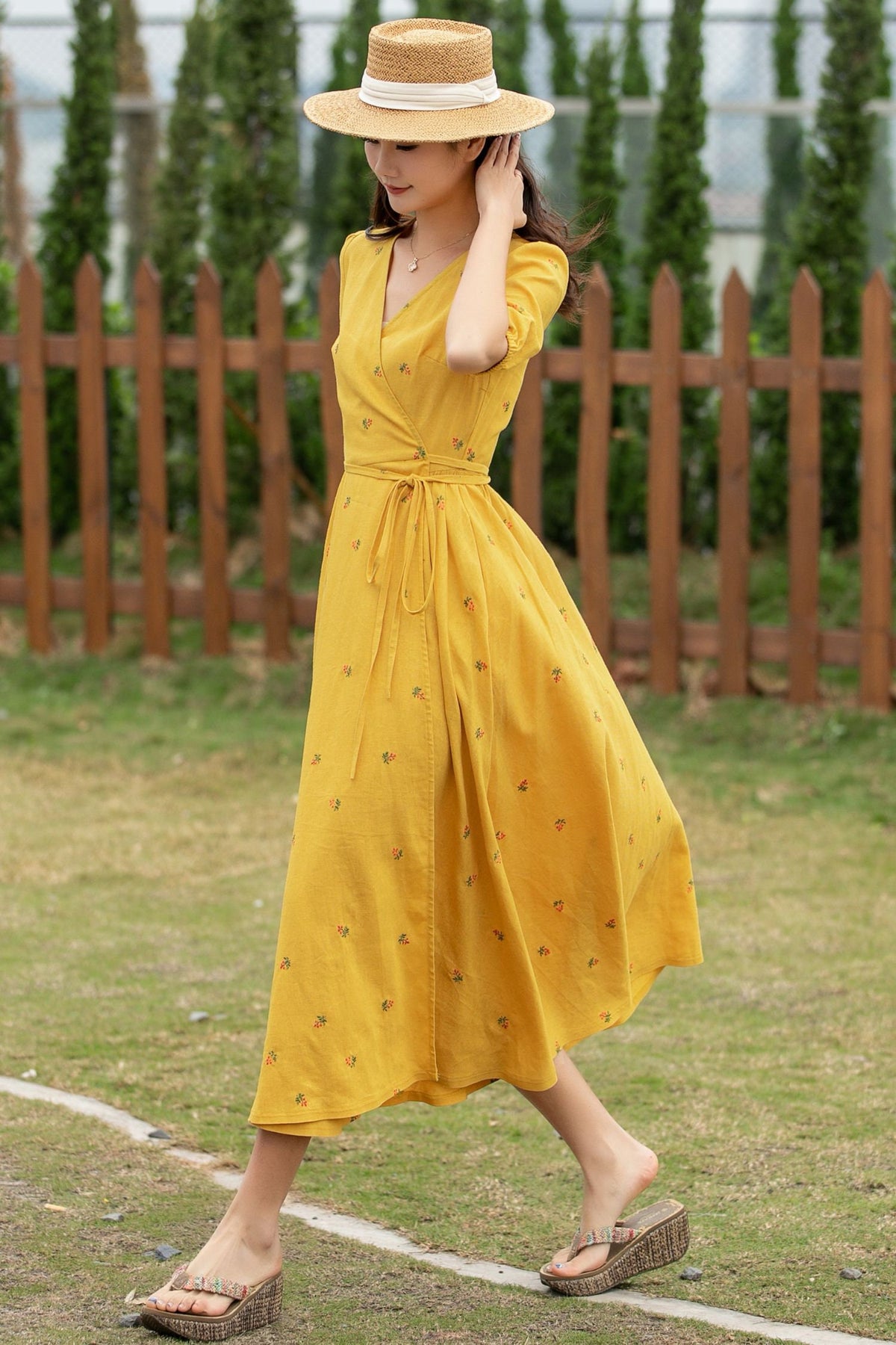 Clara Floral Linen Wrap Midi Dress — view 4