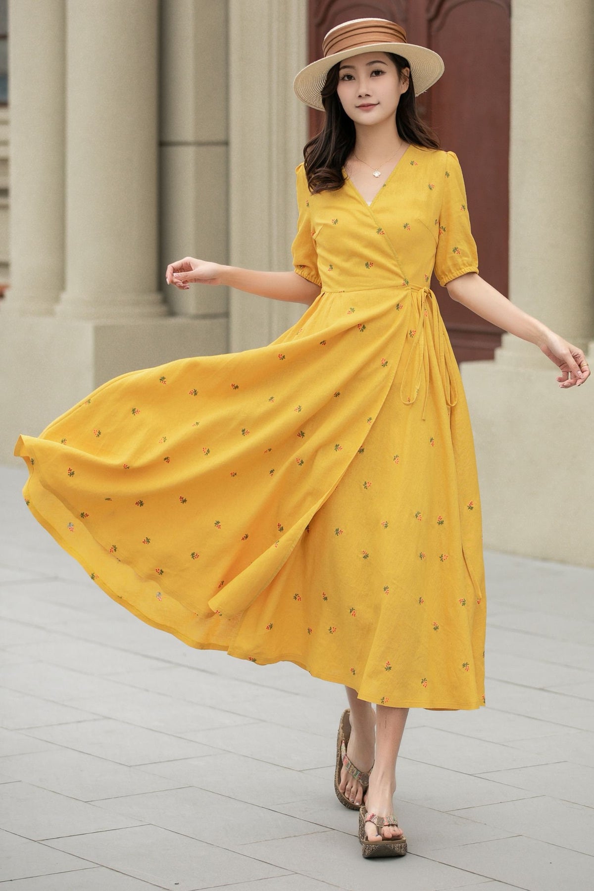 Clara Floral Linen Wrap Midi Dress — view 2