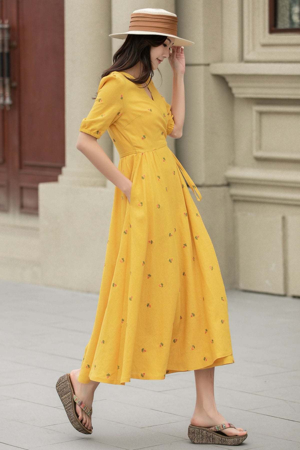 Clara Floral Linen Wrap Midi Dress — view 5