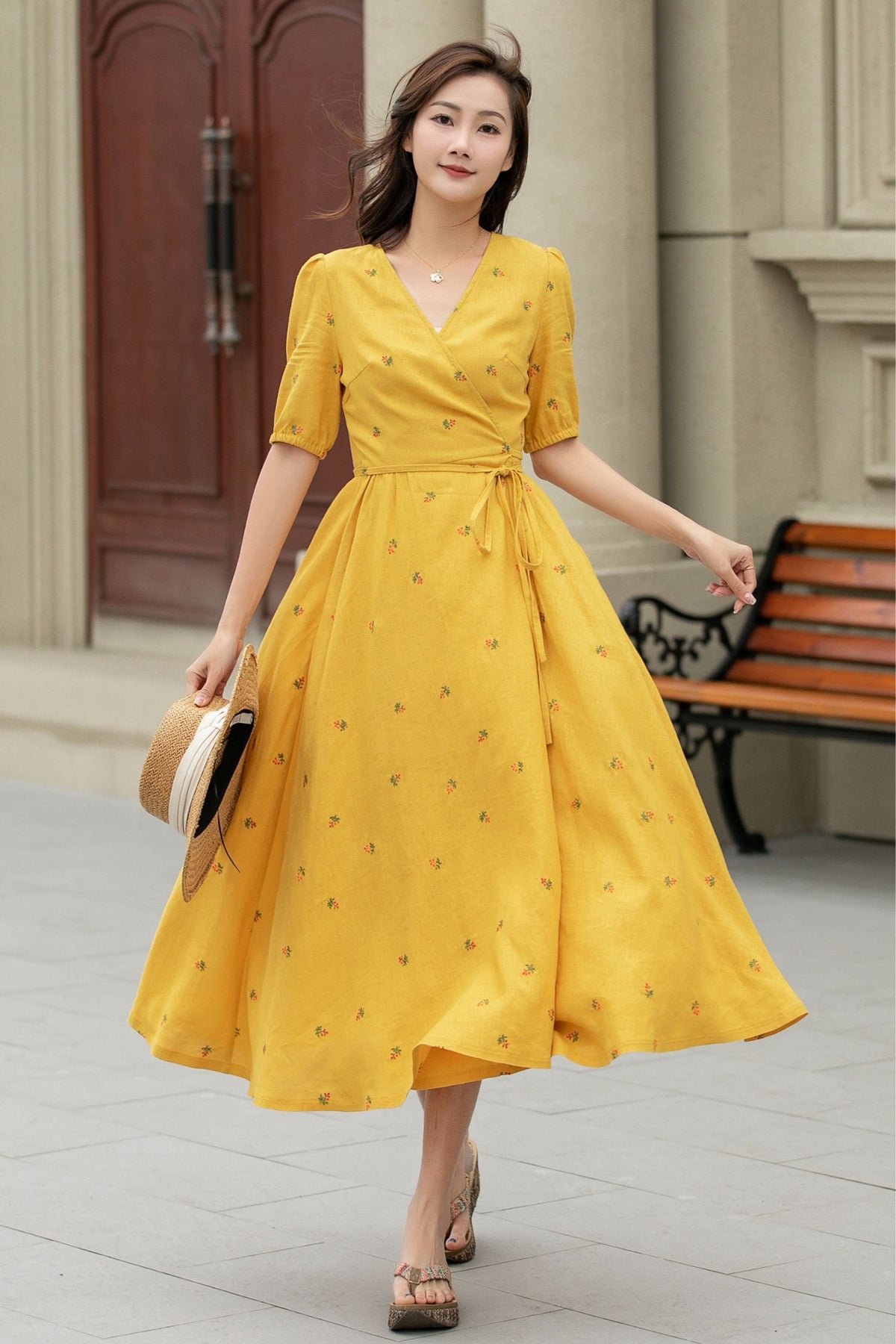 Clara Floral Linen Wrap Midi Dress — view 3