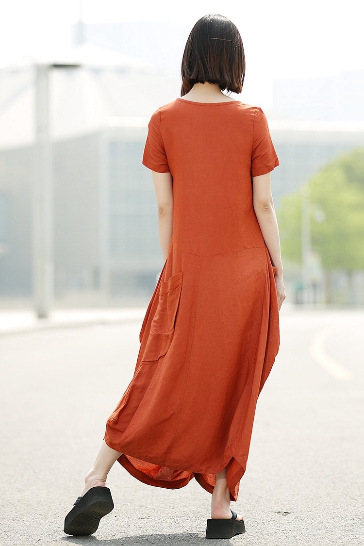 Yara Orange Linen Maxi Dress — view 4