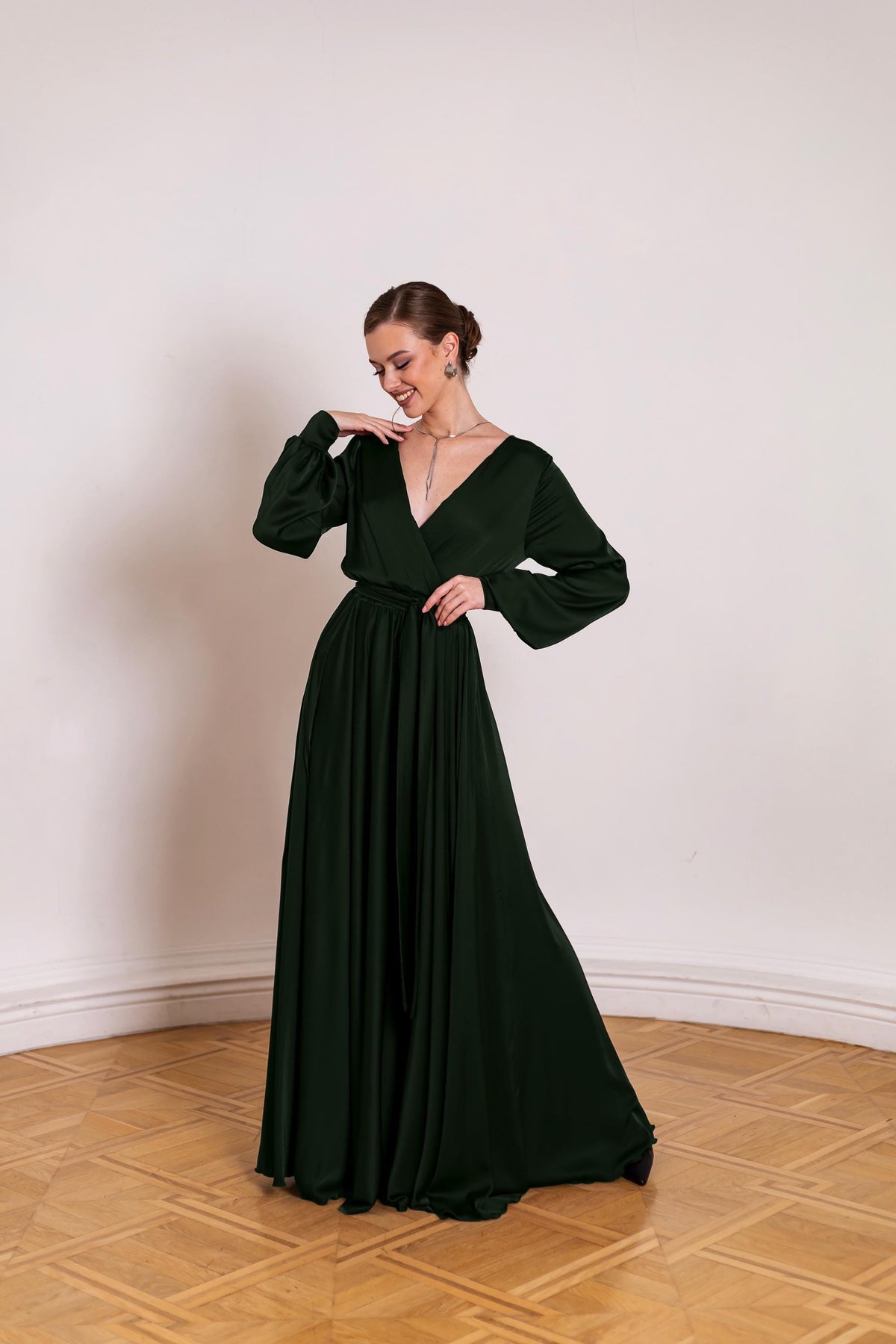 Marlo Olive Satin Open-Back Maxi Dress — view 3