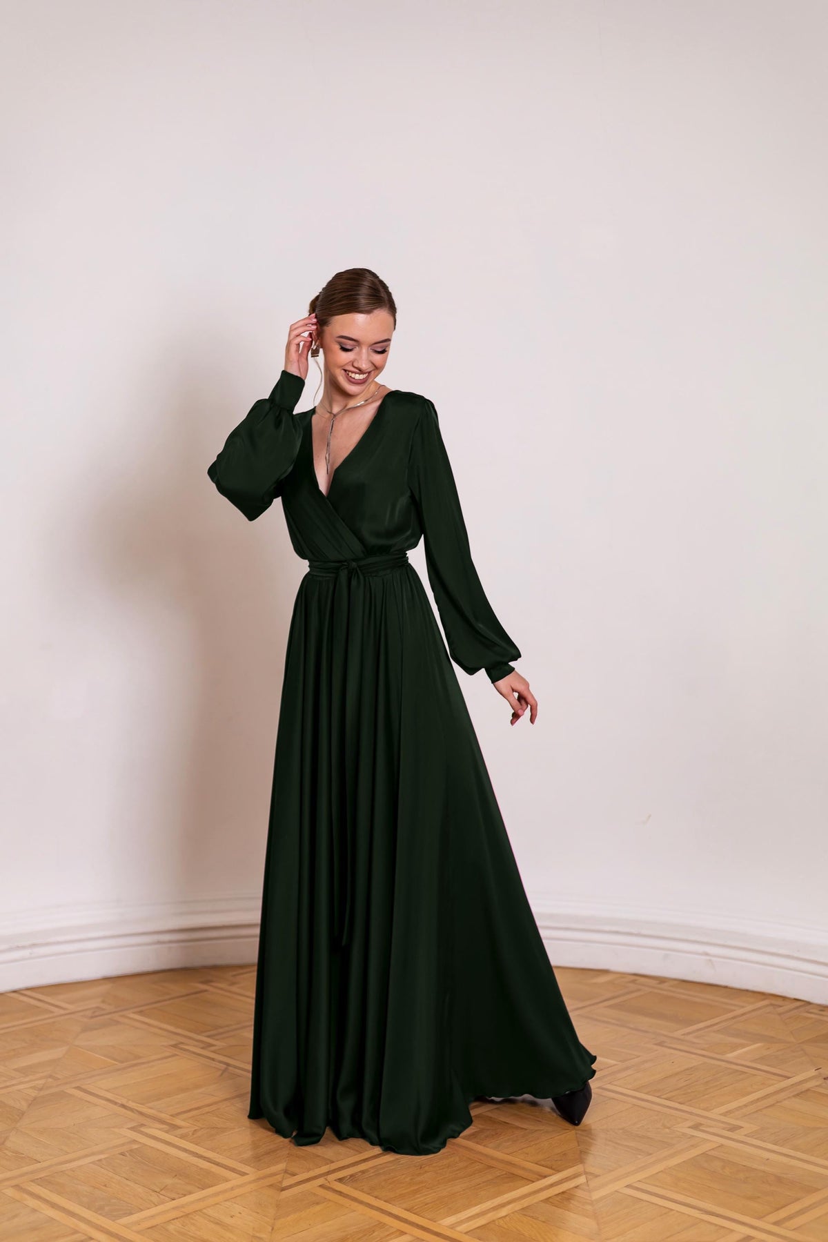 Marlo Olive Satin Open-Back Maxi Dress — view 4
