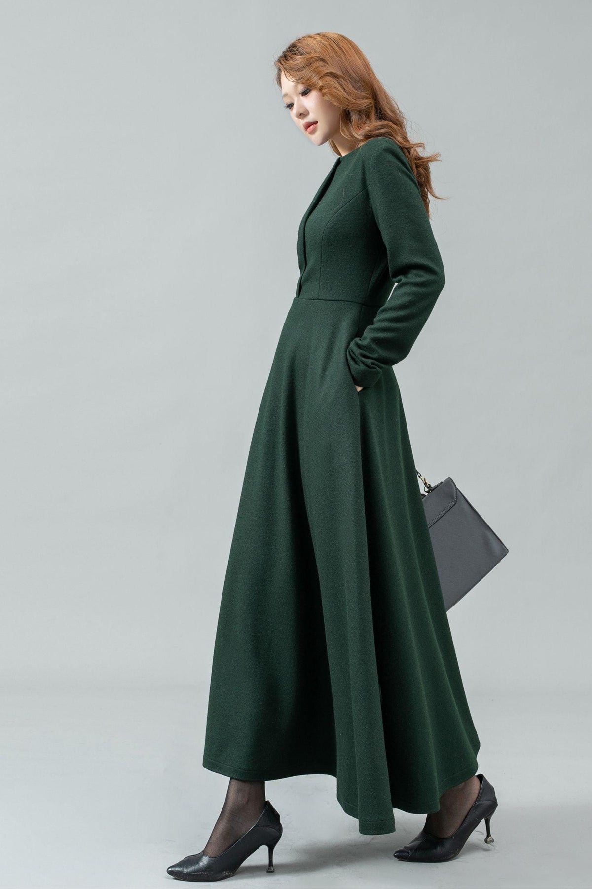 Jade Green Wool A-Line Maxi Dress — view 5