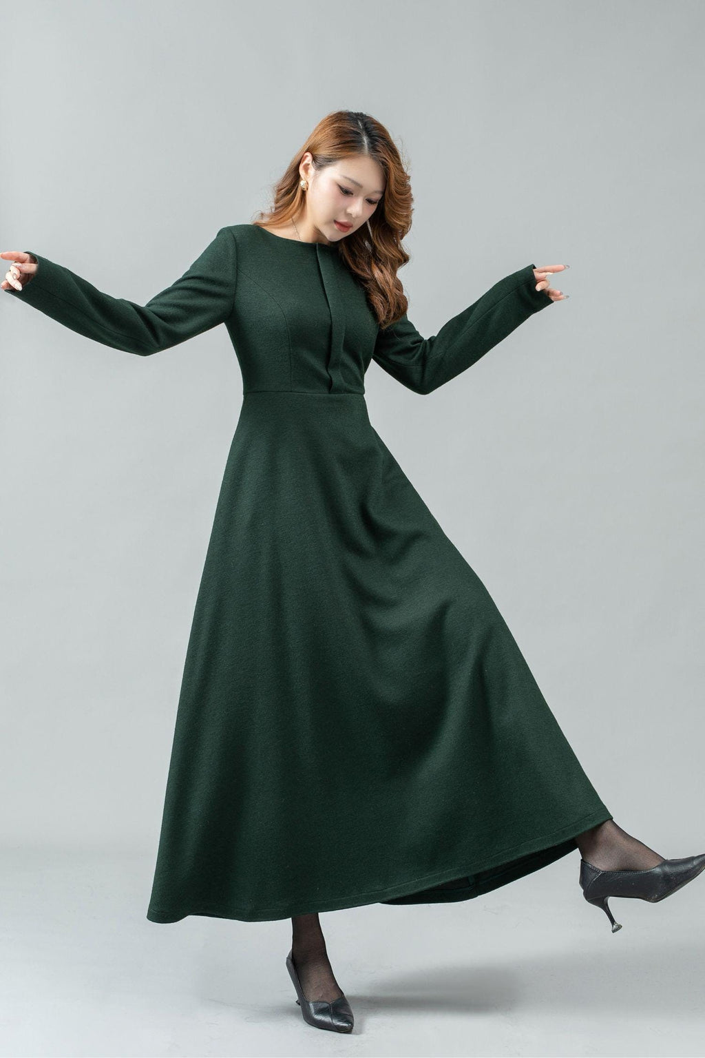 Jade Green Wool A-Line Maxi Dress — view 4