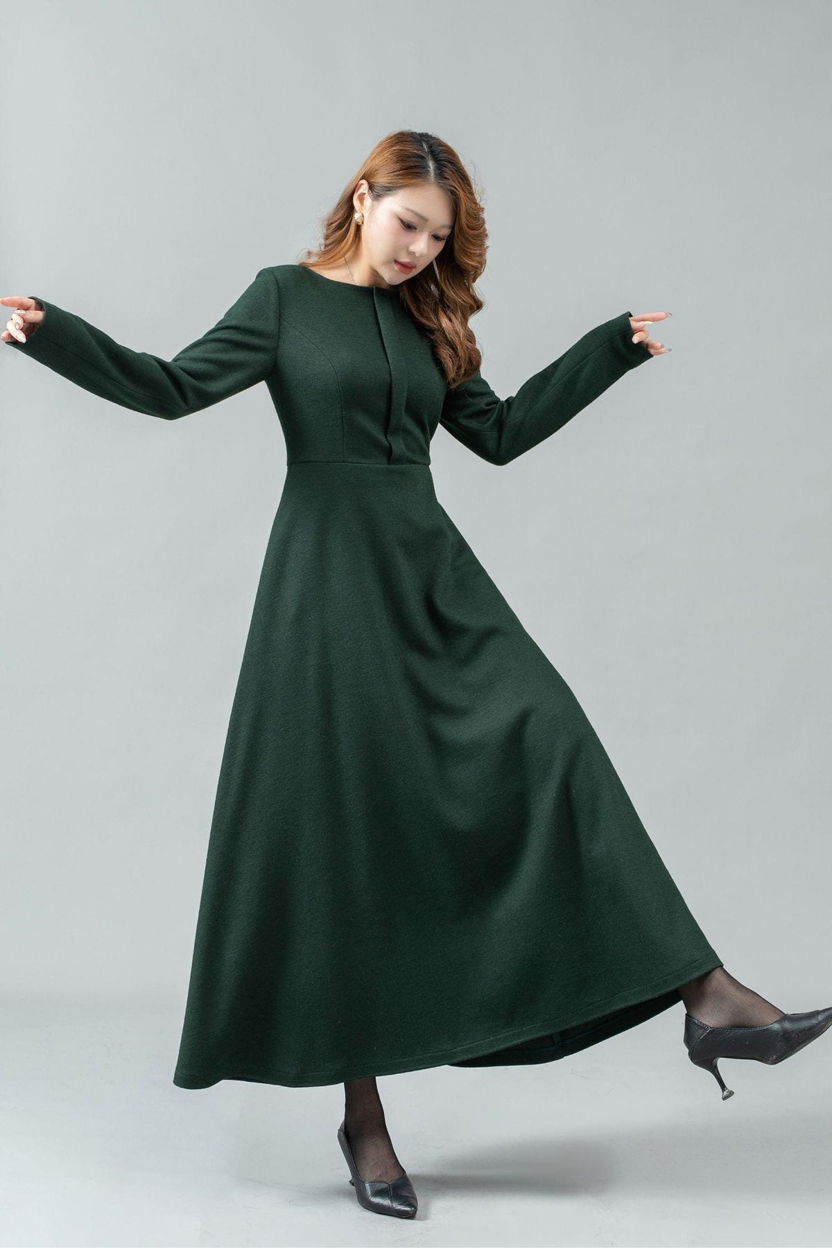Jade Green Wool A-Line Maxi Dress — view 4