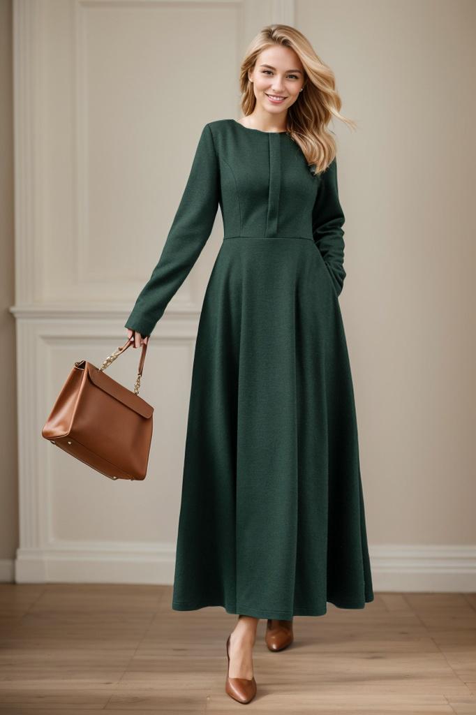 Jade Green Wool A-Line Maxi Dress — view 2