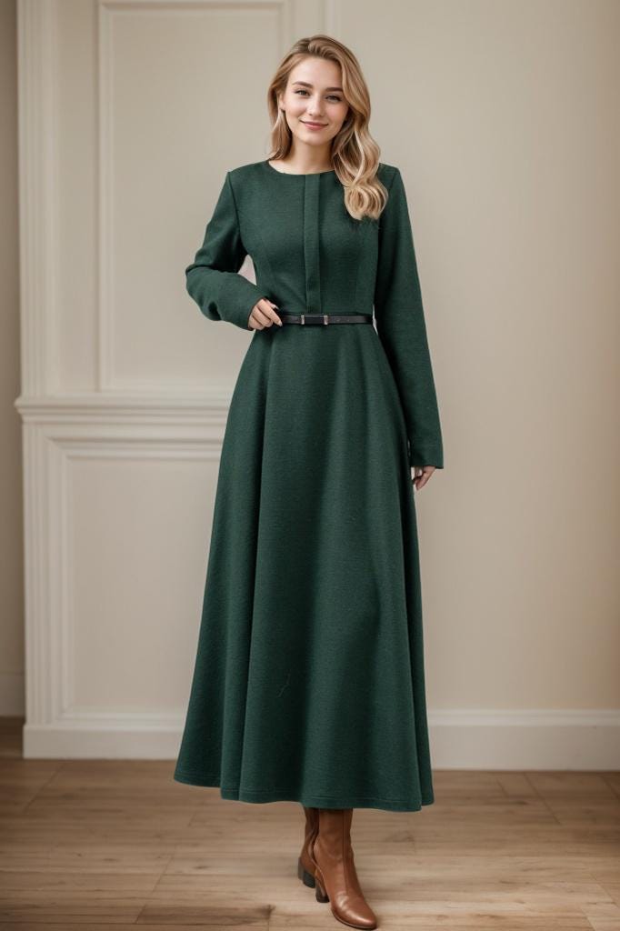 Jade Green Wool A-Line Maxi Dress — view 3