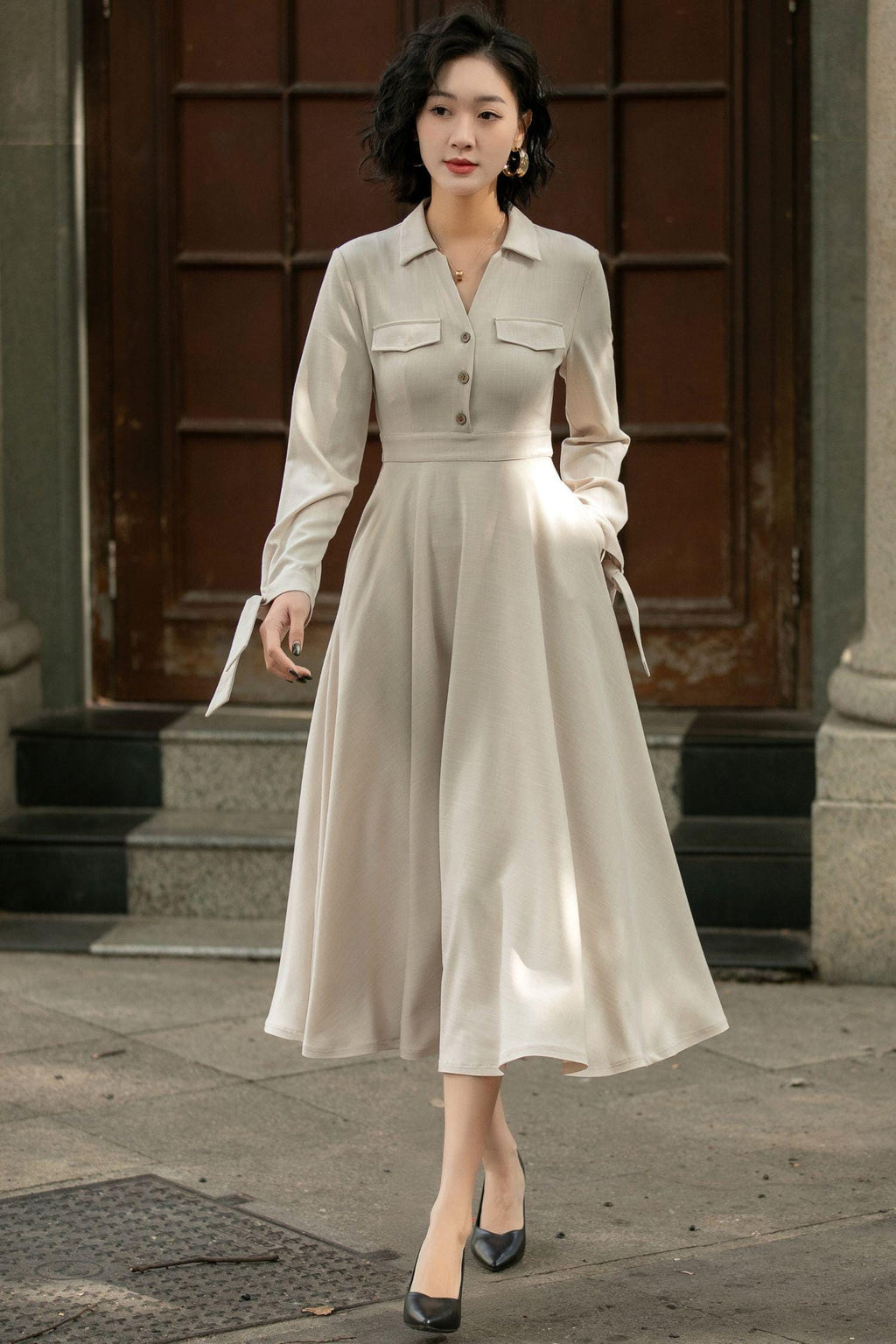 Flora Beige Linen Shirt Midi Dress — view 2