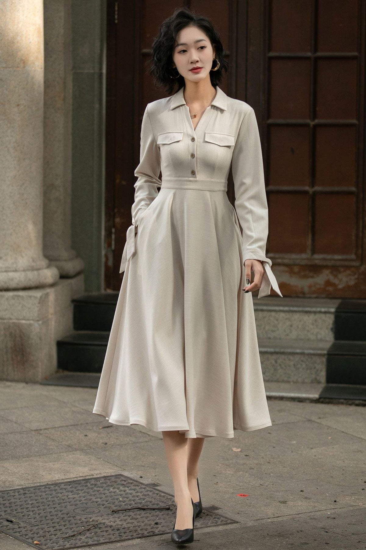 Flora Beige Linen Shirt Midi Dress — view 6