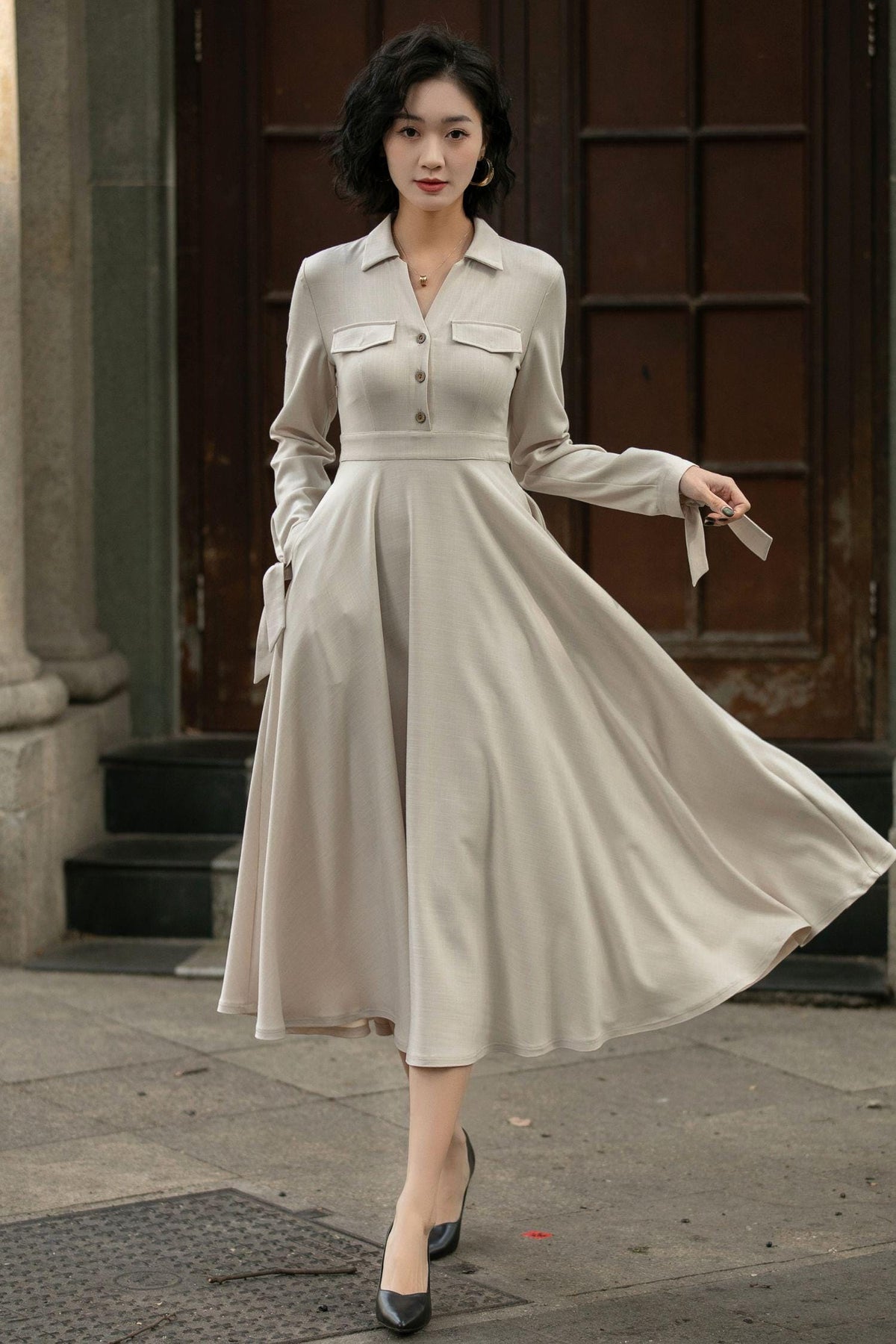 Flora Beige Linen Shirt Midi Dress — view 4