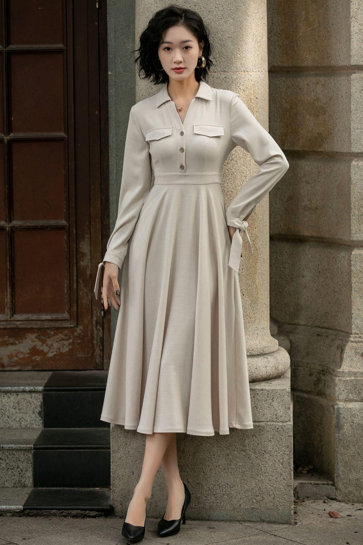 Flora Beige Linen Shirt Midi Dress — view 3