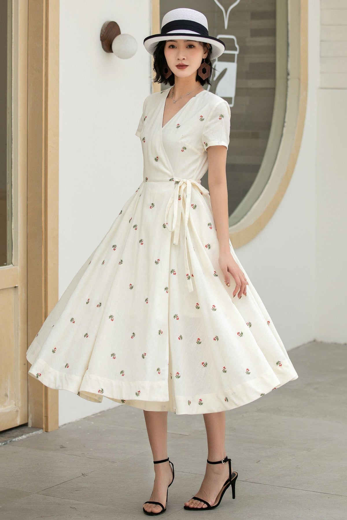 Joy Floral Linen Wrap Midi Dress — view 6