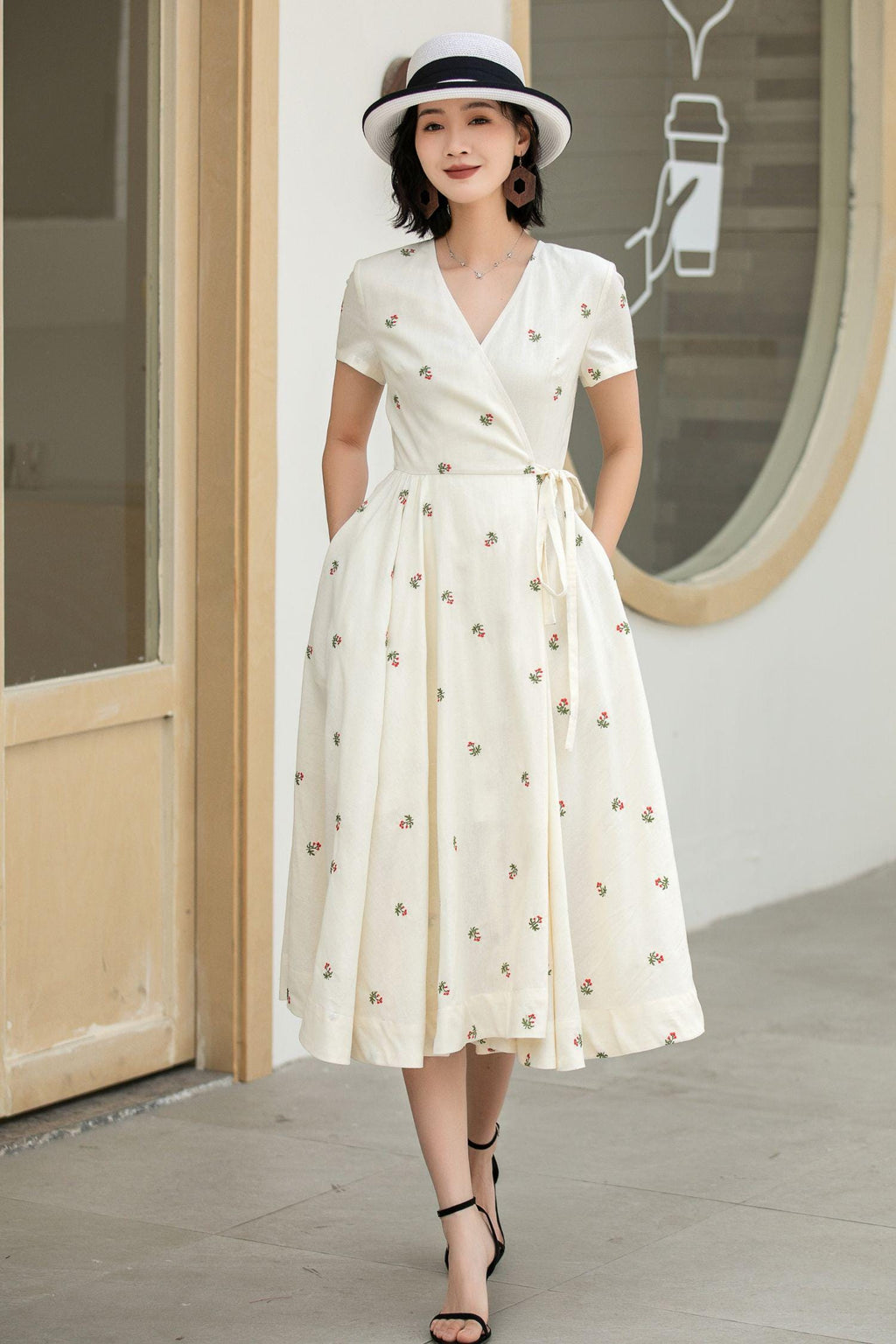 Joy Floral Linen Wrap Midi Dress — view 3