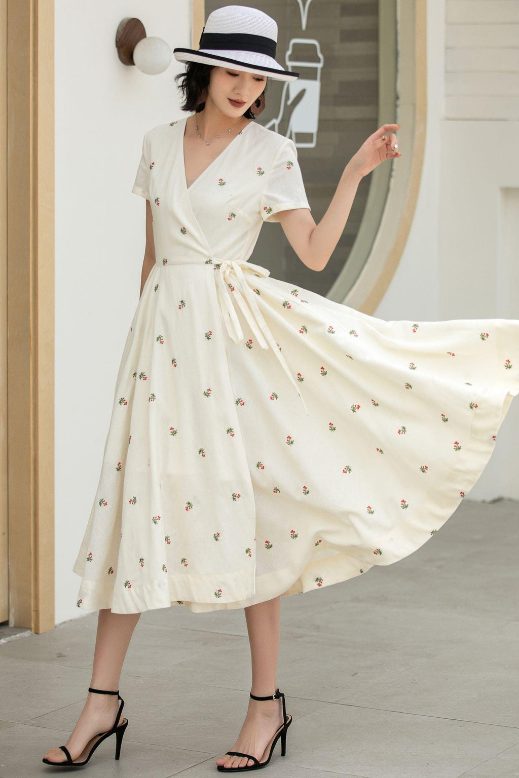Joy Floral Linen Wrap Midi Dress — view 4