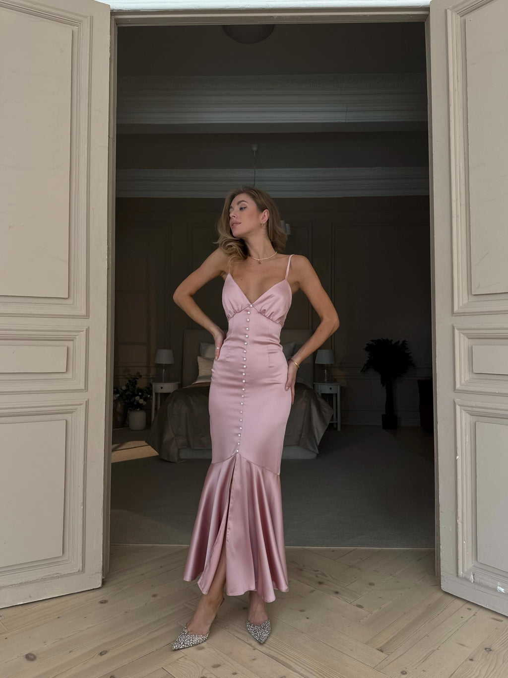 Anya Pink Satin Slip Midi Dress — view 6