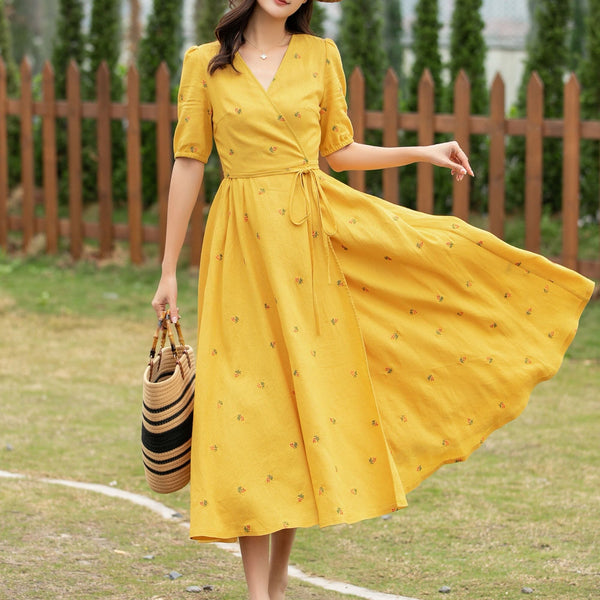 Clara Floral Linen Wrap Midi Dress