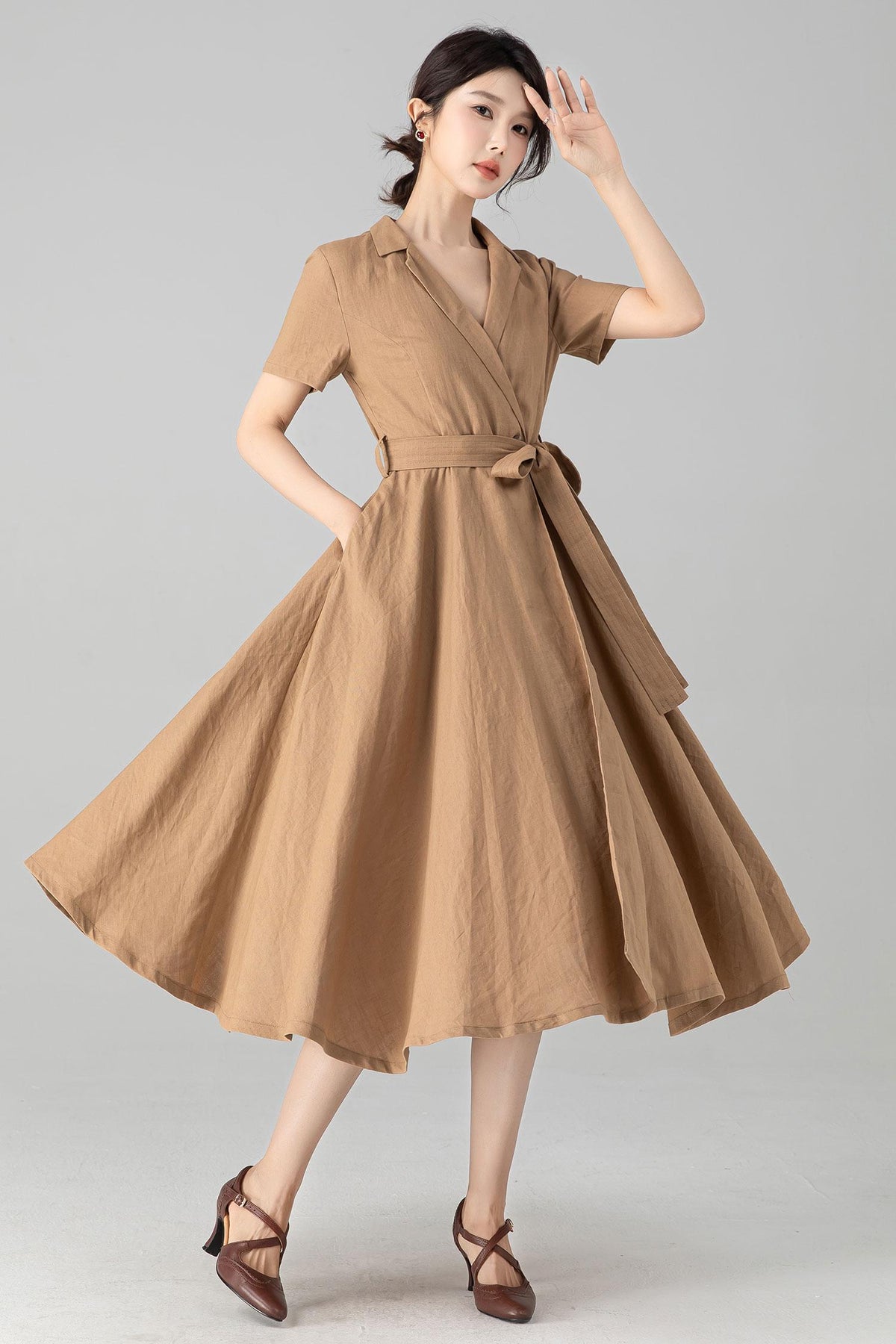 Mabel Khaki Linen Wrap Midi Dress — view 5