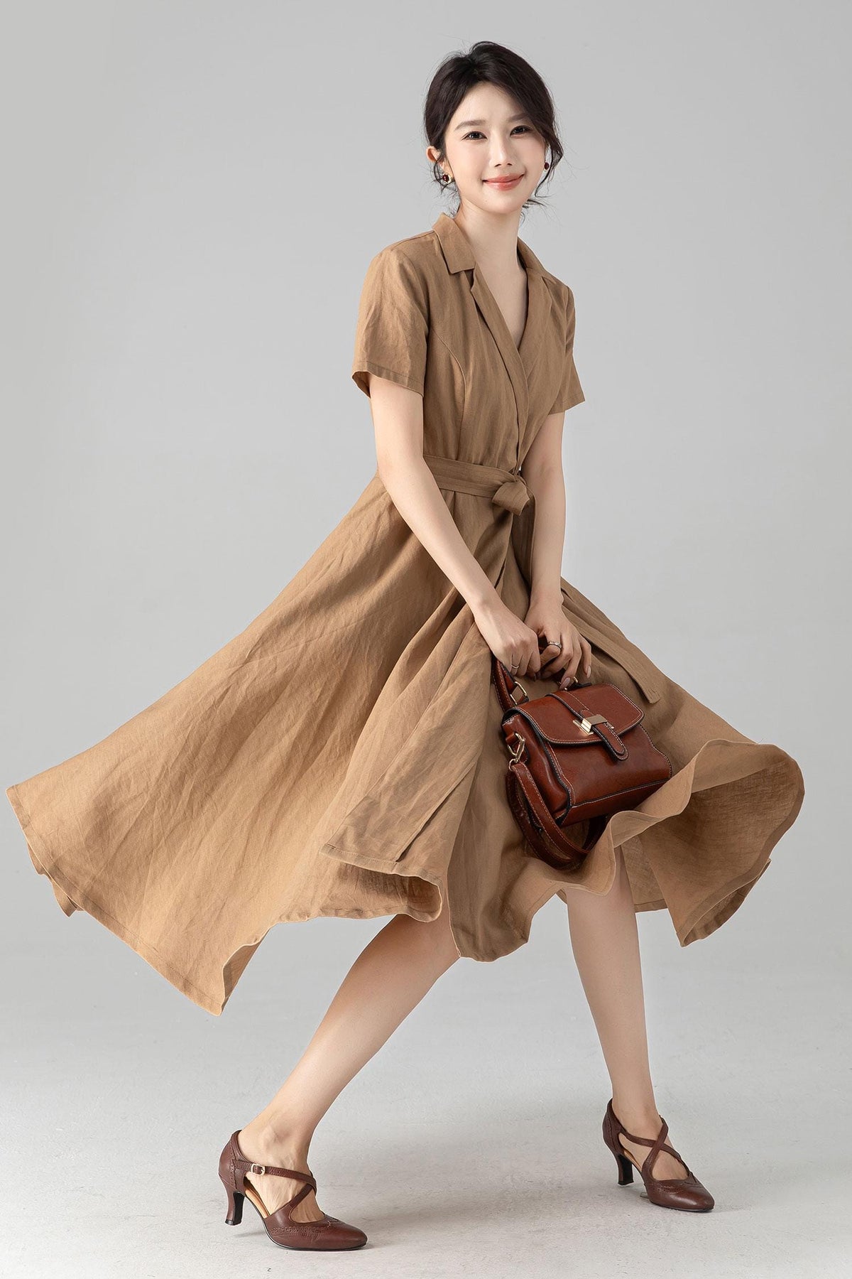 Mabel Khaki Linen Wrap Midi Dress — Dress Code