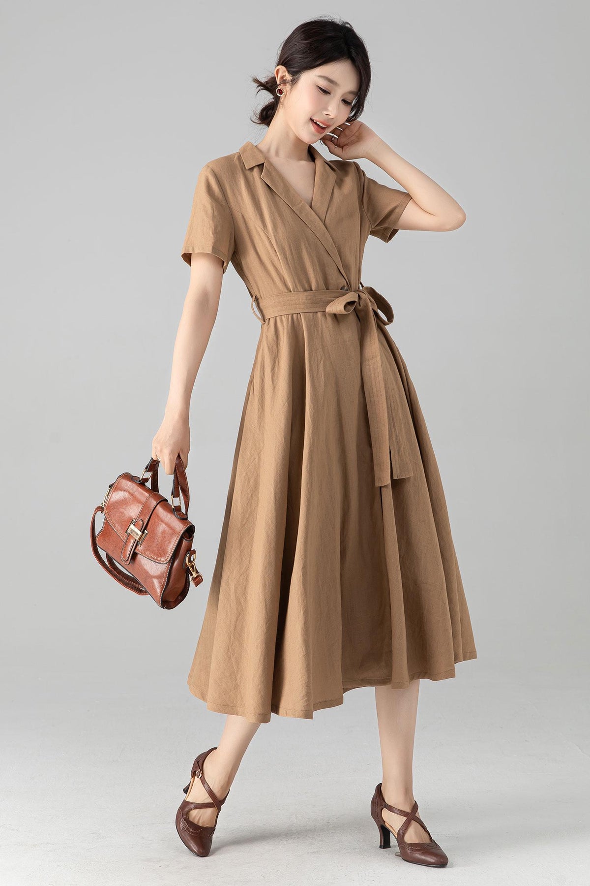 Mabel Khaki Linen Wrap Midi Dress — view 4
