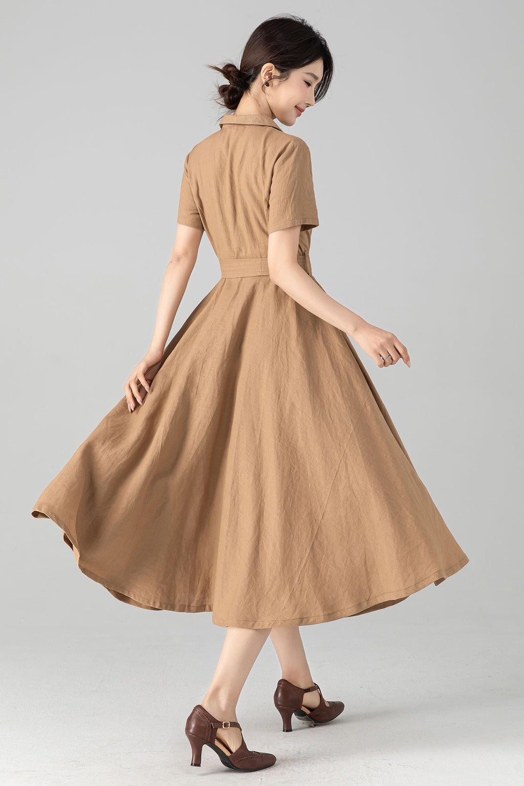 Mabel Khaki Linen Wrap Midi Dress — view 6