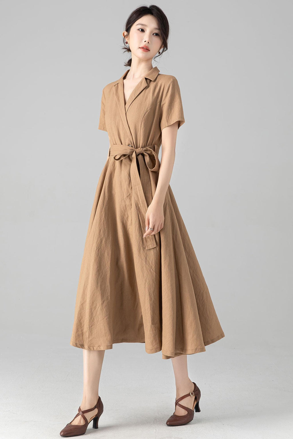 Mabel Khaki Linen Wrap Midi Dress — view 3