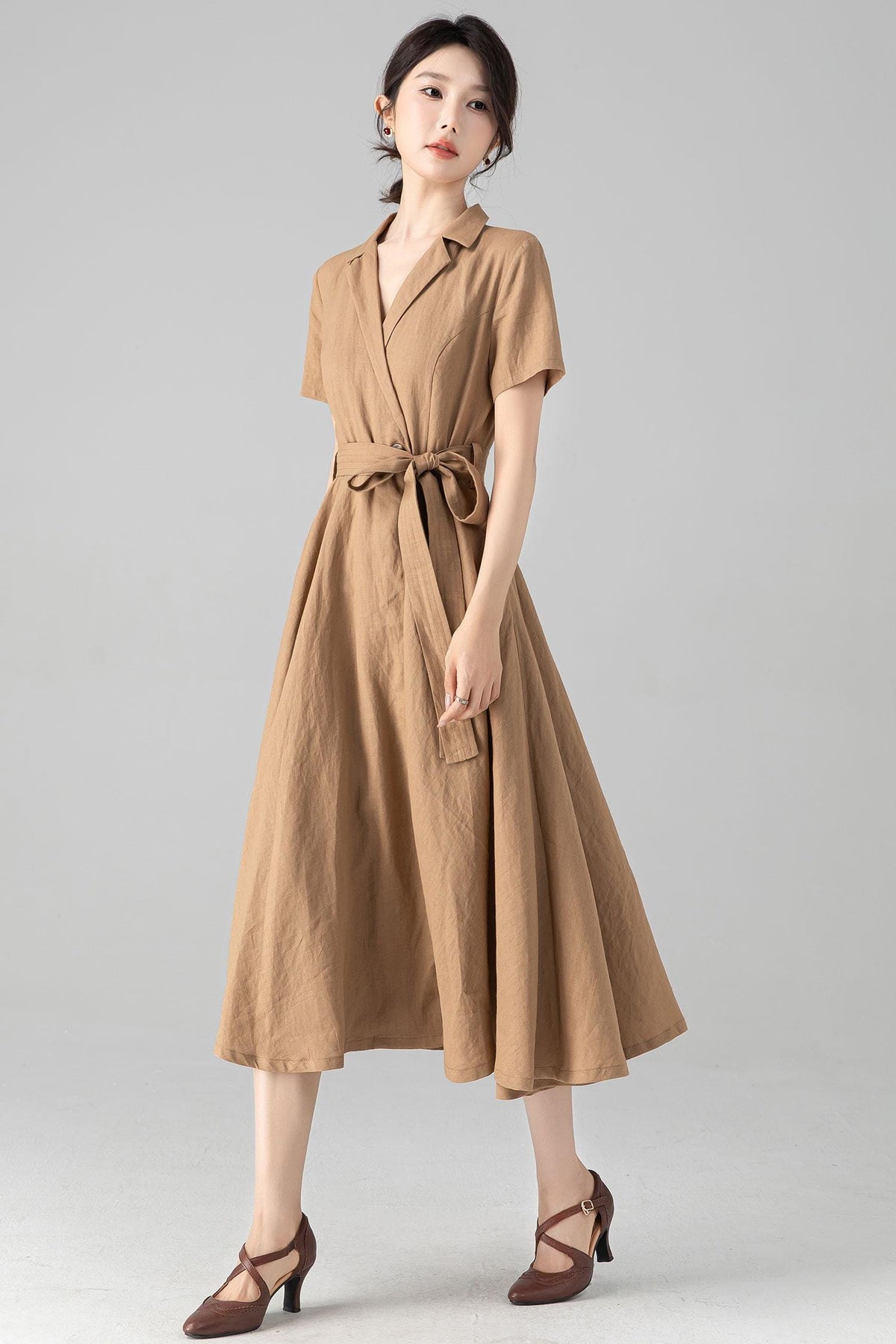 Mabel Khaki Linen Wrap Midi Dress — view 3